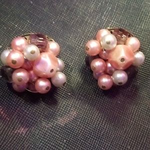 Pink Sugar Bead & Glossy Faux Pearl Cluster Clip On Earrings